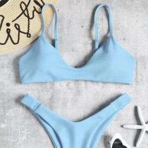 Zaful High Leg Ribbed Bikini Set in Sky Blue